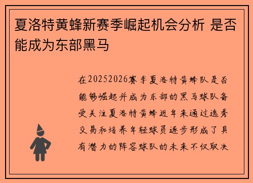 夏洛特黄蜂新赛季崛起机会分析 是否能成为东部黑马
