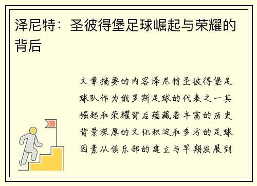 泽尼特：圣彼得堡足球崛起与荣耀的背后